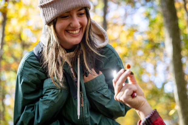 Member of the Illinois Mycological Association and volunteer at the Field Museum Madison Biesinger looks at fungi collected by Kate Peltz at the St. Mihiel Woods-East nature preserve in Tinley Park on Oct. 26, 2024. Some of the collected fungi will be taken to the Field Museum for DNA analysis. (Tess Crowley/Chicago Tribune)