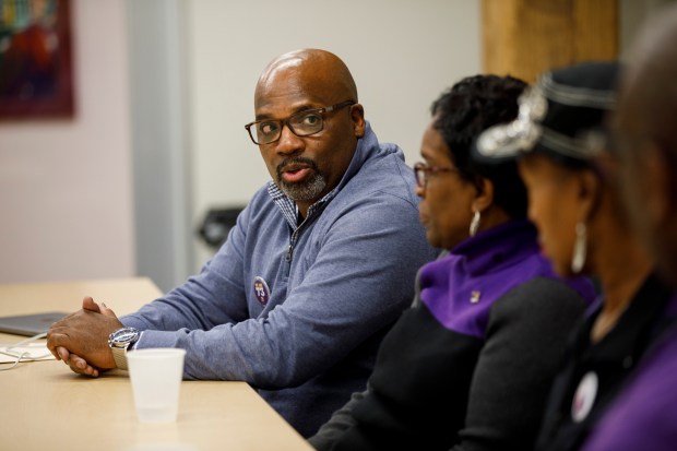 Jeffrey Howard, SEIU Local 73 vice president, speaks at the union's headquarters in Chicago on Oct. 15, 2019. (Armando L. Sanchez/Chicago Tribune)