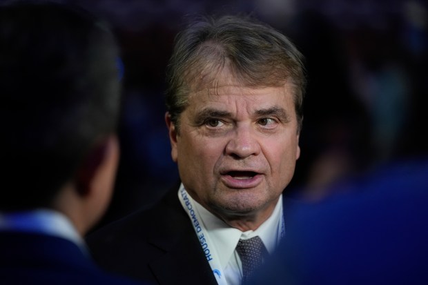 U.S. Rep. Mike Quigley speaks to reporters before the Democratic National Convention, Aug. 19, 2024, in Chicago. (Erin Hooley/AP)