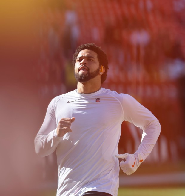 Chicago Bears quarterback Caleb Williams warms up to face the Washington Commanders on Oct. 27, 2024, at Northwest Stadium in Landover, Maryland. (Brian Cassella/Chicago Tribune)