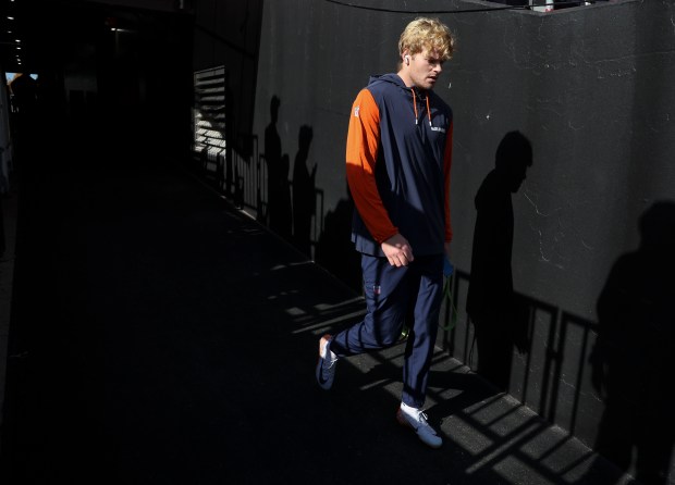 Chicago Bears punter Tory Taylor takes the field to face the Washington Commanders at Northwest Stadium in Landover, Maryland. (Brian Cassella/Chicago Tribune)