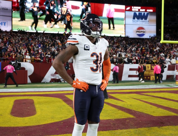 Chicago Bears safety Kevin Byard III (31) watches the Washington Commanders celebrate their last second touchdown to win the game Sunday, Oct. 27, 2024, at Northwest Stadium in Landover, Maryland. (Brian Cassella/Chicago Tribune)