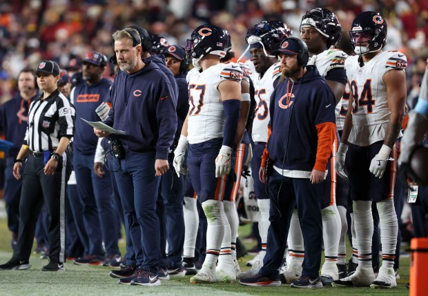 Chicago Bears head coach Matt Eberflus watches from the sideline Sunday, Oct. 27, 2024, at Northwest Stadium in Landover, Maryland. (Brian Cassella/Chicago Tribune)