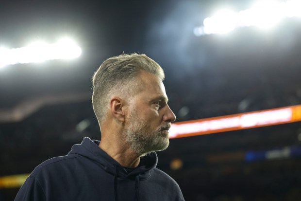 Bears coach Matt Eberflus walks off after the loss to the Commanders on Oct. 27, 2024, at Northwest Stadium in Landover, Md. (Brian Cassella/Chicago Tribune)