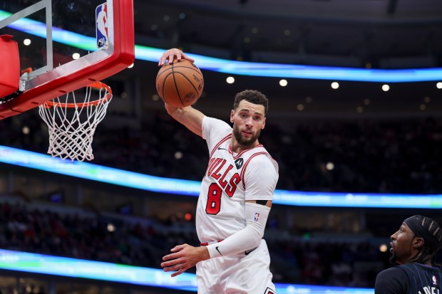 Bulls guard Zach LaVine grabs a rebound during the fourth quarter against the Magic at the United Center on Wednesday, Oct. 30, 2024. (Armando L. Sanchez/Chicago Tribune)