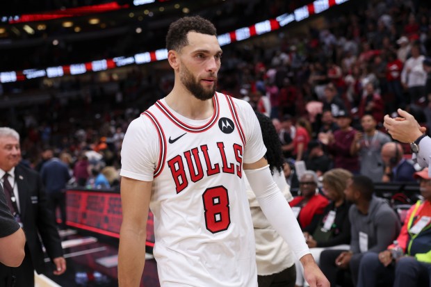 Bulls guard Zach LaVine walks off the court after a victory over the Magic on Oct. 30, 2024, at the United Center. (Armando L. Sanchez/Chicago Tribune)