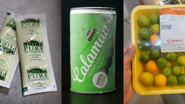 At A Taste of the Philippines restaurant, packets of calamansi, left, and a can of frozen concentrated calamansi are used for recipes on Oct. 4, 2024. A package of fresh calamansi at Seafood City in Chicago's Albany Park neighborhood on Oct. 3, 2024. (Terrence Antonio James and Ahmed Ali Akbar/Chicago Tribune)