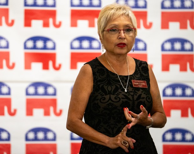 Fourth Congressional District challenger Lupe Castillo speaks during an Assyrian GOP candidate forum in Skokie on Oct. 6, 2024. (Audrey Richardson/for the Chicago Tribune)