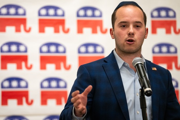 Congressional candidate Seth Cohen speaks at a GOP candidate forum in Skokie, Oct. 6, 2024. (Audrey Richardson/for the Chicago Tribune)