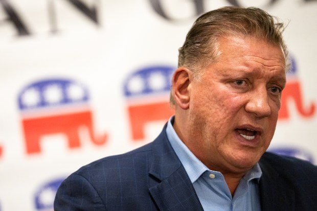 Congressional candidate Jim Carris makes a speech during an Assyrian GOP candidate forum in Skokie, Oct. 6, 2024. (Audrey Richardson/for the Chicago Tribune)