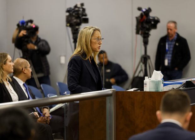 Camie Pratt, the Title IX chief for Chicago Public Schools, speaks at a Board of Education meeting on Feb. 22, 2024, at the CPS Office of Access and Enrollment. (Vincent Alban/Chicago Tribune)