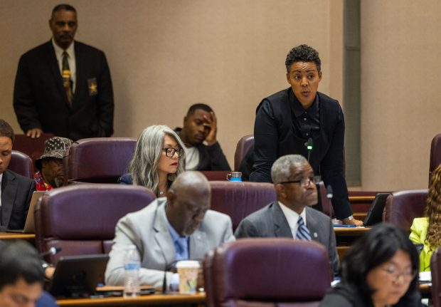 Ald. Maria Hadden, 49th, speaks regarding a motion to extend the city's contract with SoundThinking's ShotSpotter service during a city council meeting at City Hall on Sept. 18, 2024. The city council voted 33-14 to endorse an effort to overturn Mayor Johnson's decision to end its contract with the gunshot detection system. (Tess Crowley/Chicago Tribune)