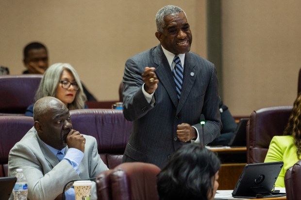 Ald. David Moore, 17th, speaks regarding a motion to extend the city's contract with SoundThinking's ShotSpotter service during a city council meeting in City Hall in Chicago on Sept. 18, 2024. (Tess Crowley/Chicago Tribune)