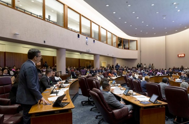 Ald. Scott Waguespack, 32nd, speaks during a City Council meeting, May 24, 2023, at City Hall. (Brian Cassella/Chicago Tribune)