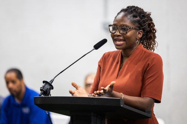 Dr. Olusimbo 'Simbo' Ige, Chicago's health commissioner, speaks at a news conference at a 9th ward COVID-19 and Flu vaccination clinic at the Pullman Community Center on Oct. 10, 2024. (Tess Crowley/Chicago Tribune)