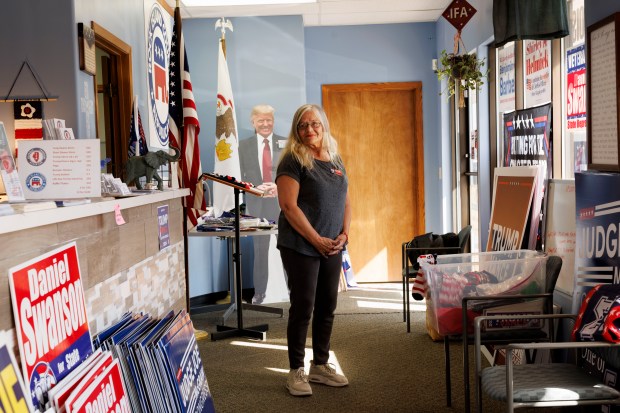 Annette Parchert, 64, chair for the Rock Island County GOP and the Illinois Freedom Alliance stands inside the Rock Island County Republican headquarters, Oct. 9, 2024, in Moline. (Armando L. Sanchez/Chicago Tribune)