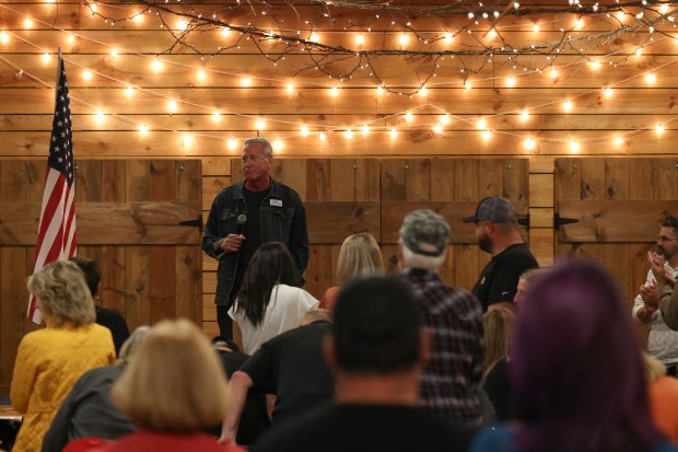 Joe McGraw, Republican candidate for the 17th Congressional District, addresses the audience during an event for prospective voters at William Tree Farm, Oct. 8, 2024, in Rockton. (John J. Kim/Chicago Tribune)