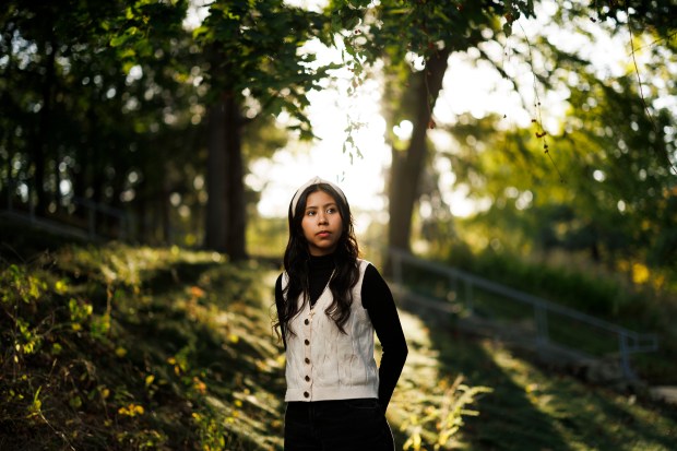 Cristal Moreno Aguilar at Augstana College, Oct. 8, 2024, in Rock Island. Aguilar's mother, Reneyda Aguilar-Hurtado, died June 12, 2023, after being held in DuPage County Jail. (Armando L. Sanchez/Chicago Tribune)