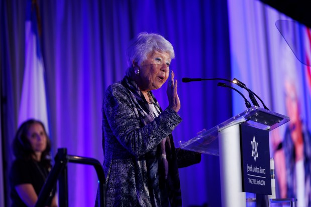 Leah Polin, the grandmother of Hersh Goldberg-Polin, who was held hostage by Hamas militants in Gaza before being killed, attends a memorial hosted by the Jewish United Fund on Monday in Skokie. (Armando L. Sanchez/Chicago Tribune)