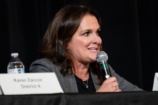 Chicago Board of Education candidate Ellen Rosenfeld, 4th district, speaks during a school board candidate forum before the upcoming election featuring candidates from districts 2 and 4 at Lane Tech College Prep High School on Oct. 5, 2024. (Tess Crowley/Chicago Tribune)