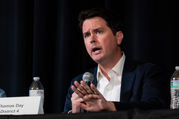 Chicago Board of Education candidate Thomas Day, 4th district, speaks during a School Board Candidate Forum before the upcoming election featuring candidates from districts 2 and 4 at Lane Tech College Prep High School in Chicago on Oct. 5, 2024. (Tess Crowley/Chicago Tribune)