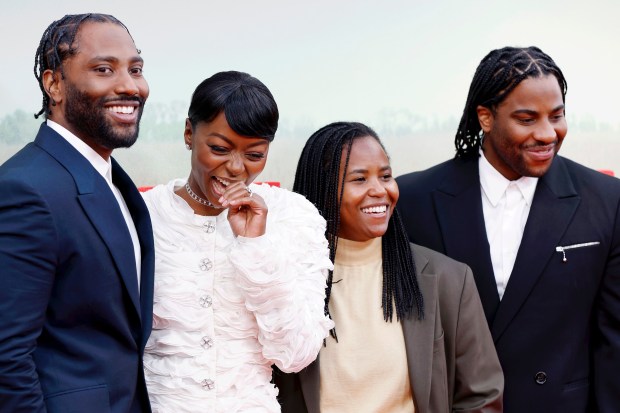 Actor John David Washington, from left, actor Danielle Deadwyler, producer Katia Washington and director Malcolm Washington attend a "The Piano Lesson" presentation at the London Film Festival on Oct. 12, 2024. (John Phillips/Getty)