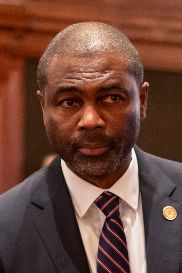 State Rep. La Shawn Ford stands on the floor before Gov. JB Pritzker delivered his State of the State and budget address, Feb. 21, 2024. (Brian Cassella/Chicago Tribune)