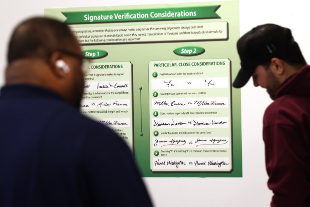 Signature verification guidelines are posted on a wall at a record review area at the Cook County's Election Operations Center in Cicero, Dec. 6, 2023. (Antonio Perez/ Chicago Tribune)