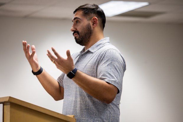 Jose Wilson speaks during the public comment portion of a meeting of the Chicago Electoral Board, Jan. 23, 2024. He was kicked off the ballot despite having nearly 1,700 signatures on his nominating petitions. (Vincent Alban/Chicago Tribune)