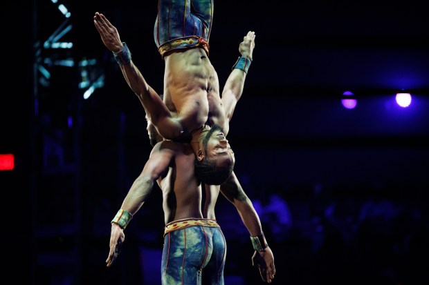 Men balance together at UniverSoul Circus, Oct. 2, 2024, in Chicago. (Armando L. Sanchez/Chicago Tribune)