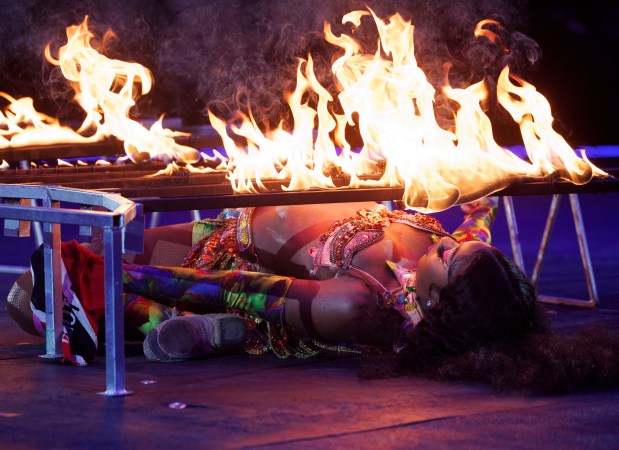 A fire dancer performs at UniverSoul Circus in Washington Park, Oct. 2, 2024, in Chicago. (Armando L. Sanchez/Chicago Tribune)