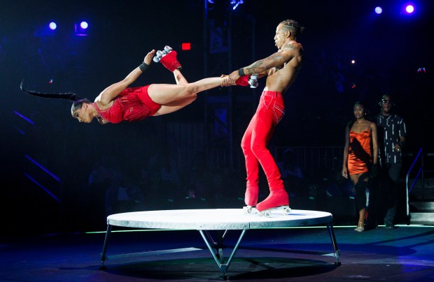 A performer on roller skates is twirled at UniverSoul Circus Oct. 2, 2024, in Chicago. (Armando L. Sanchez/Chicago Tribune)