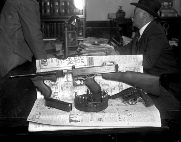 The Thompson submachine gun used in the shooting death of Assistant State's Attorney William McSwiggin, in April 1926. McSwiggin, who was known as the "hanging prosecutor" because of his success in murder trials, was shot to death when a machine gunner in a curtained automobile fired on him and two other men as they stood in front of a saloon at 5615 West Roosevelt Road in Cicero, just beyond the Chicago city limits. (Chicago Tribune historical photo)