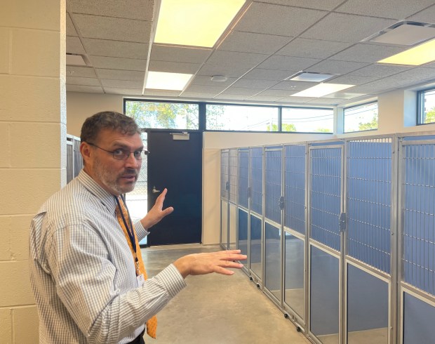 Evanston's Project Manager/Architect Shane Cary showing the dog kennels for the Evanston Animal Shelter on Oct. 2. The new shelter will have a capacity of 20 dogs and 40 cats, more than double the size of the previous shelter. (Richard Requena/Pioneer Press)