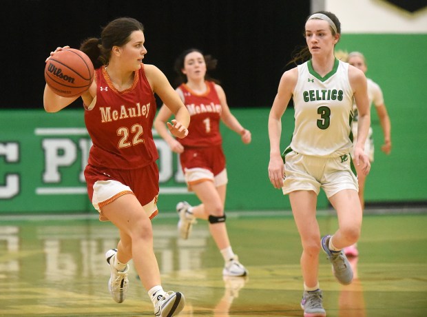 Mother McAuley's Maeve Egan (22) works the ball up the court against Providence's Molly Knight (3) during a GCAC Red game in New Lenox on Monday, Jan. 8, 2024.