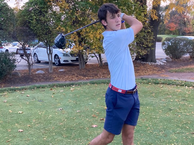 Marmion's Regan Konen, a two-time Class 2A state champion, follows his shot at Aurora Country Club on Tuesday, Oct. 29, 2024. (Rick Armstrong / The Beacon-News)