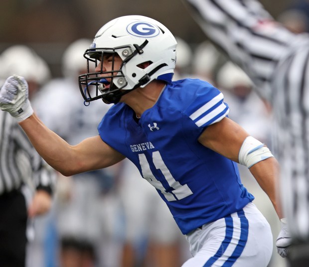 Geneva's Nelson Wendell (41) reacts to a goal line stop against Cary-Grove Geneva in the second quarter during a Class 6A state semifinal game Saturday, Nov. 23, 2024 in Geneva. (H. Rick Bamman / The Beacon-News)