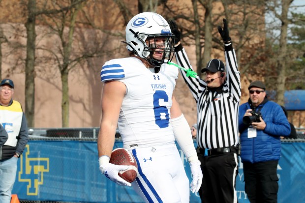 Geneva's Gavin Burt (6), running in his first touchdown of the season, during the Class 6A state quarterfinal, on Saturday, Nov. 16, 2024, in Lake Forest. (Mark Ukena/for the Pioneer Press)