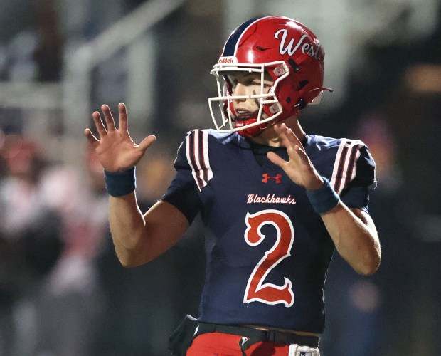 West Aurora's Mason Atkins (2)looks to the sideline against Huntley in the third quarter during a Class 8A first-round game in Aurora on Friday, Nov. 1, 2024.(H. Rick Bamman / The Beacon-News)