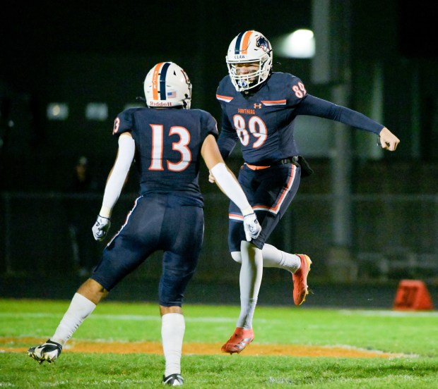 Oswego's Kaleb Stumpenhorst (89) celebrates his 47 yard field goal against Waubonsie Valley during a Class 8A first-round game in Oswego on Friday, Nov. 1, 2024. (Mark Black / for the Beacon-News)