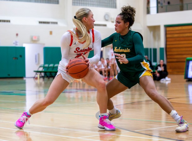 Waubonsie Valley's Danyella Mporokoso (10), right, attempts to block a pass from St. Charles East's Alyse Price (23) during the York Thanksgiving Tournament at York Community High School in Elmhurst, IL, on Monday, Nov. 18, 2024. (Nate Swanson / for the Beacon-News)