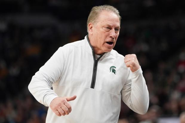 Michigan State coach Tom Izzo gestures toward the bench during a Big Ten Tournament quarterfinal against Purdue on March 15, 2024, in Minneapolis. (AP Photo/Abbie Parr)