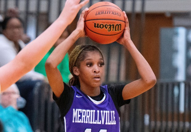 Merrillville's Vivian McSpadden looks to pass the ball during a Duneland Athletic Conference game at Valparaiso on Wednesday, Nov. 22, 2023. (Michael Gard / Post-Tribune)