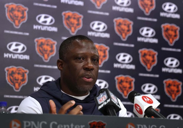 Bears defensive coordinator Alan Williams speaks with the media on the first day of rookie minicamp at Halas Hall on May 5, 2023, in Lake Forest. (Stacey Wescott/Chicago Tribune)