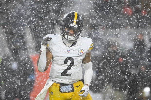 Pittsburgh Steelers quarterback Justin Fields (2) celebrates during an NFL football game against the Cleveland Browns, Thursday, Nov. 21, 2024, in Cleveland. The Browns won 24-19. (AP Photo/David Richard)