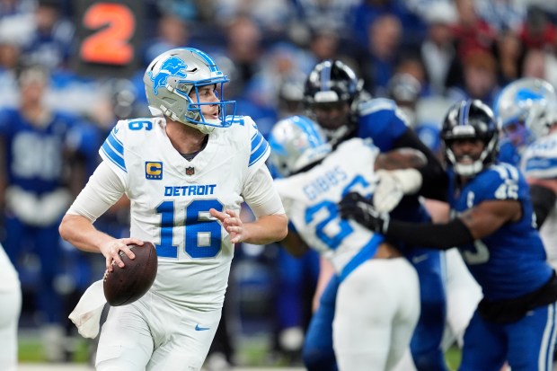 Lions quarterback Jared Goff looks downfield during the second half against the Colts on Nov. 24, 2024, in Indianapolis. (AP Photo/Michael Conroy)