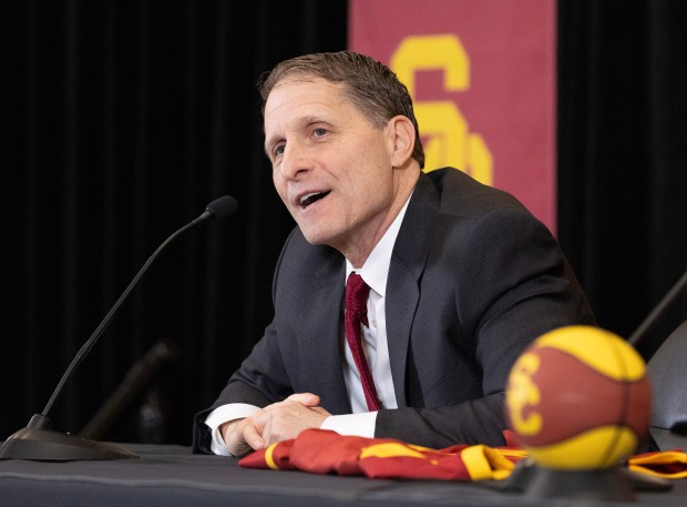 USC coacn Eric Musselman speaks at his introductory news conference at Albert J. Centorfante Hall of Champions at Galen Center in Los Angeles on April 5, 2024. (Myung J. Chun/Los Angeles Times/TNS)