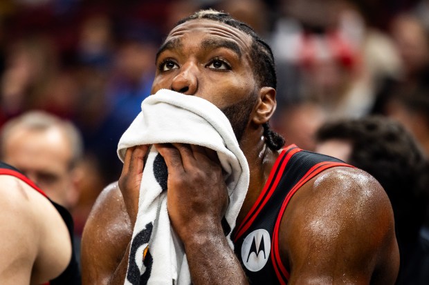 Chicago Bulls forward Patrick Williams (44) watches from the bench as the Minnesota Timberwolves take the lead during the fourth quarter at the United Center on Nov. 7, 2024. The Chicago Bulls lost 135-119 against the Minnesota Timberwolves. (Tess Crowley/Chicago Tribune)