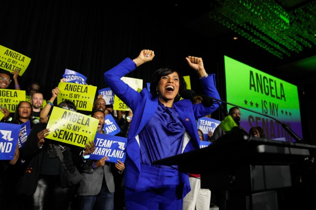 Democratic Maryland Senate candidate Angela Alsobrooks cheers from a watch party on, Nov. 5, 2024, in College Park, Md. (AP Photo/Jess Rapfogel)