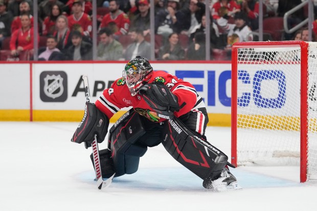 Blackhawks' Petr Mrázek defends his net against the Wild during the third period at the United Center on Nov. 10, 2024. (Photo by Patrick McDermott/Getty Images)